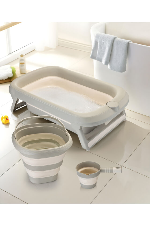 Aqua Nest Bebek Küveti Lüks 3 Lü Set Katlanır 45 Litre Bej Bej