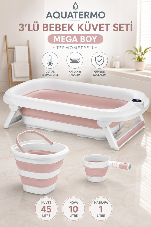 Yeni Termometreli Katlanır Bebek Küveti 45 Lt. 3 Lü Set Pembe Pembe