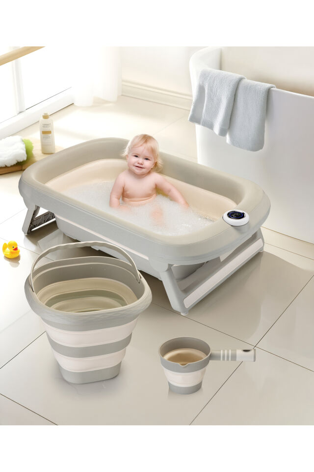Yeni Termometreli Katlanır Bebek Küveti 45 Lt. 3 Lü Set Bej Bej