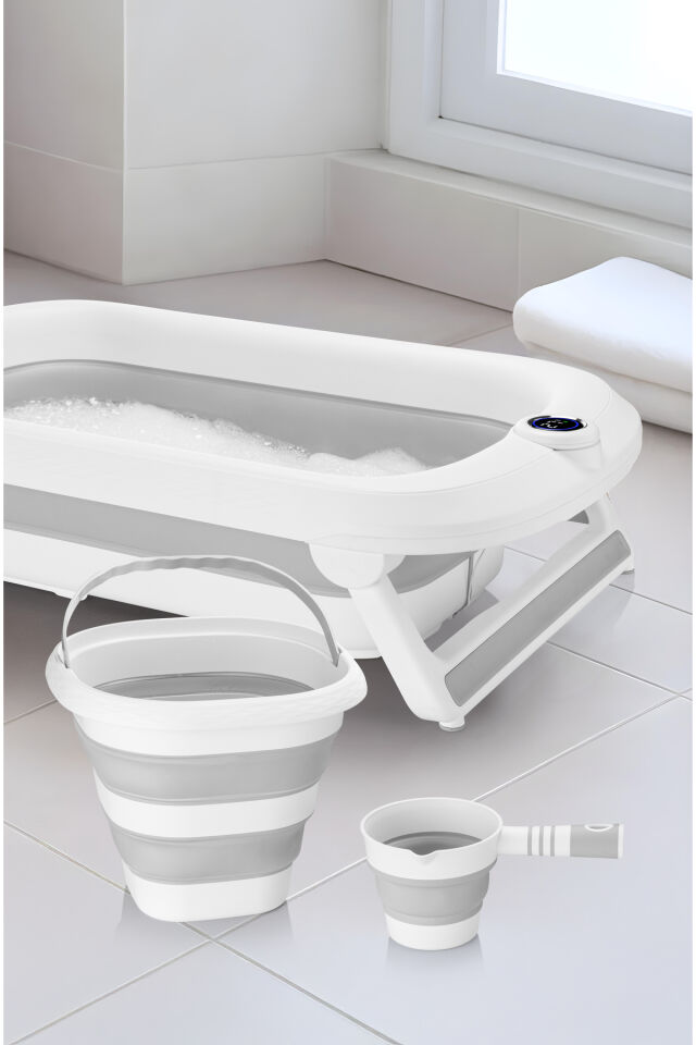 Yeni Termometreli Katlanır Bebek Küveti 45 Lt. 3 Lü Set Gri Gri