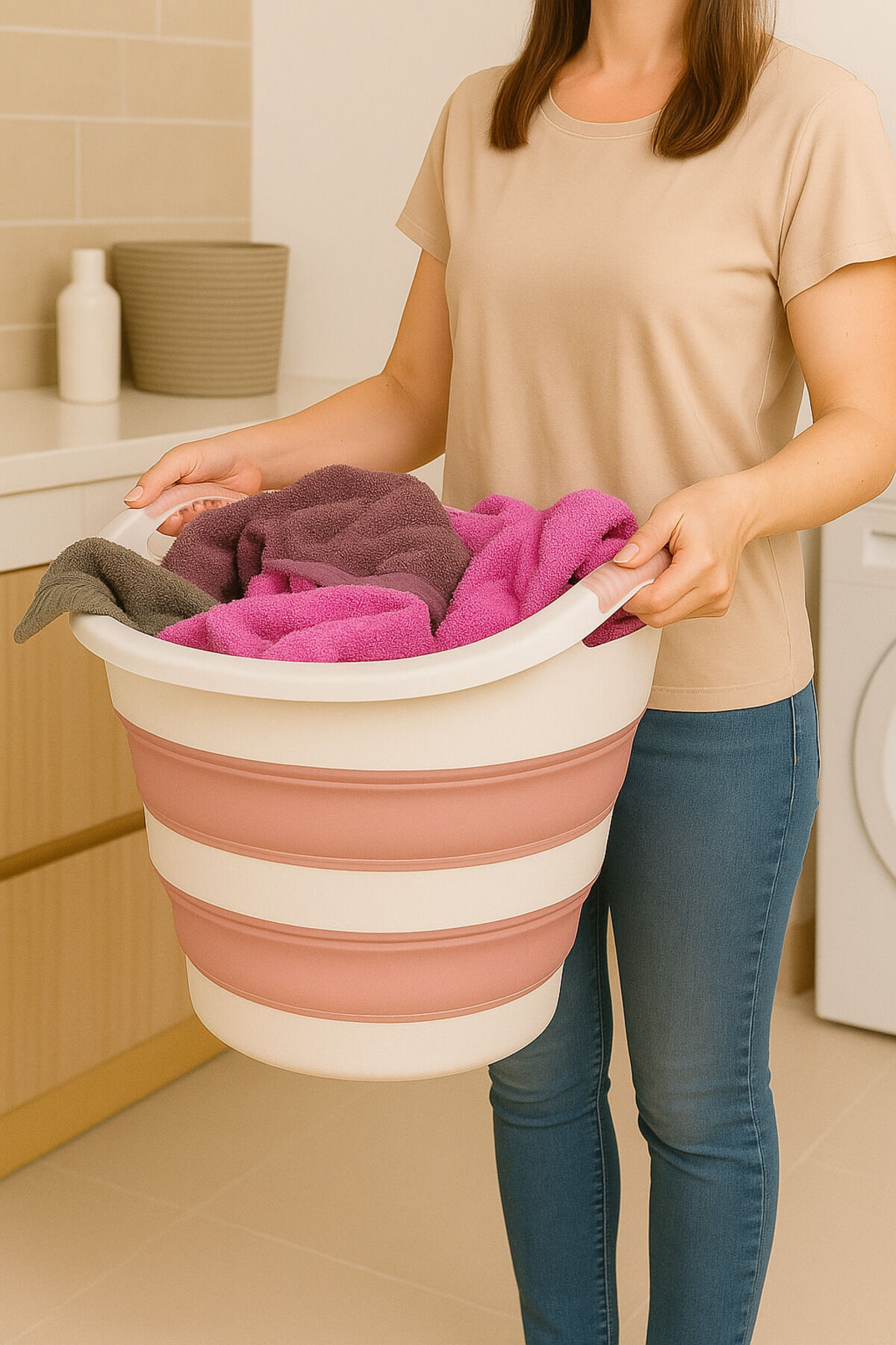 Katlanır Çamaşır Sepeti Yeni Tasarım Pembe Pembe