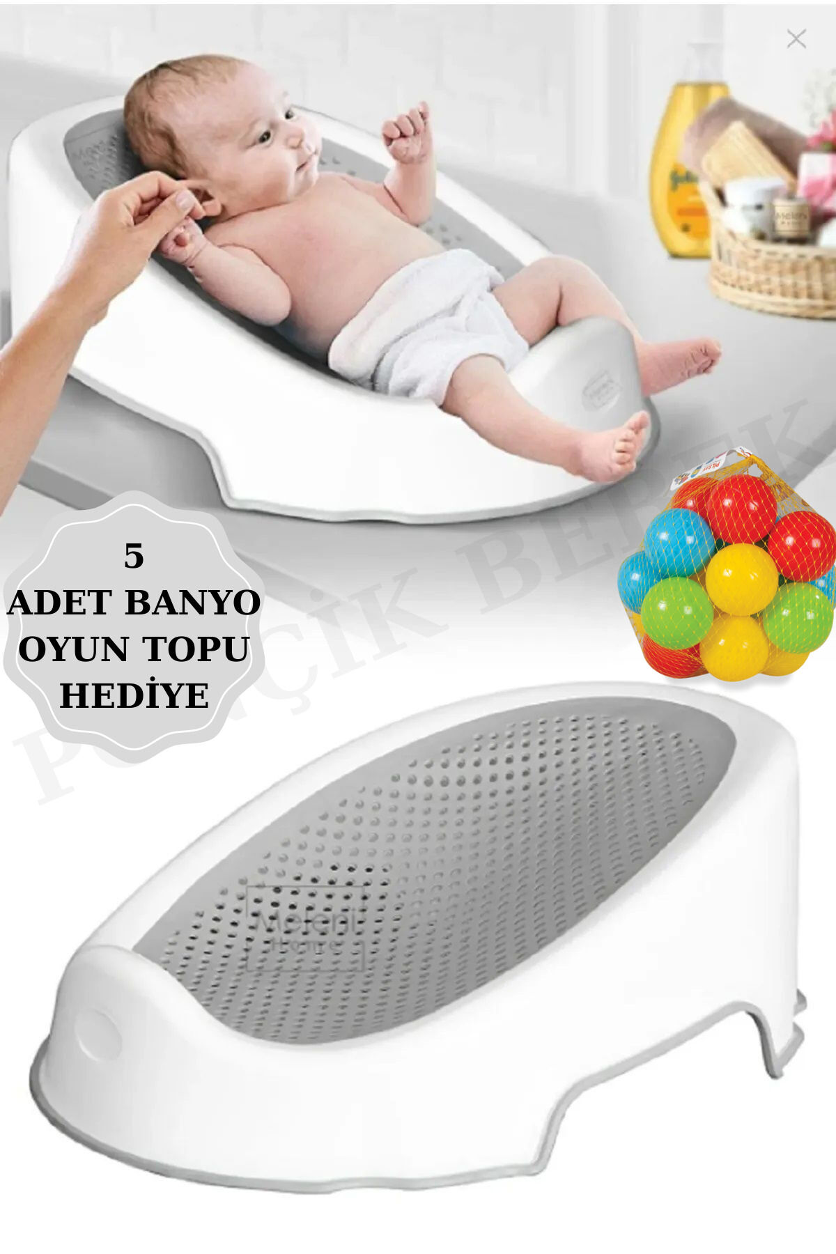 Soft Bebek Küveti – Silikon Fileli Bebek Besleme Yıkama Banyo Küveti Bebek Banyo Oturağı 5 Top Beyazsoft5Top