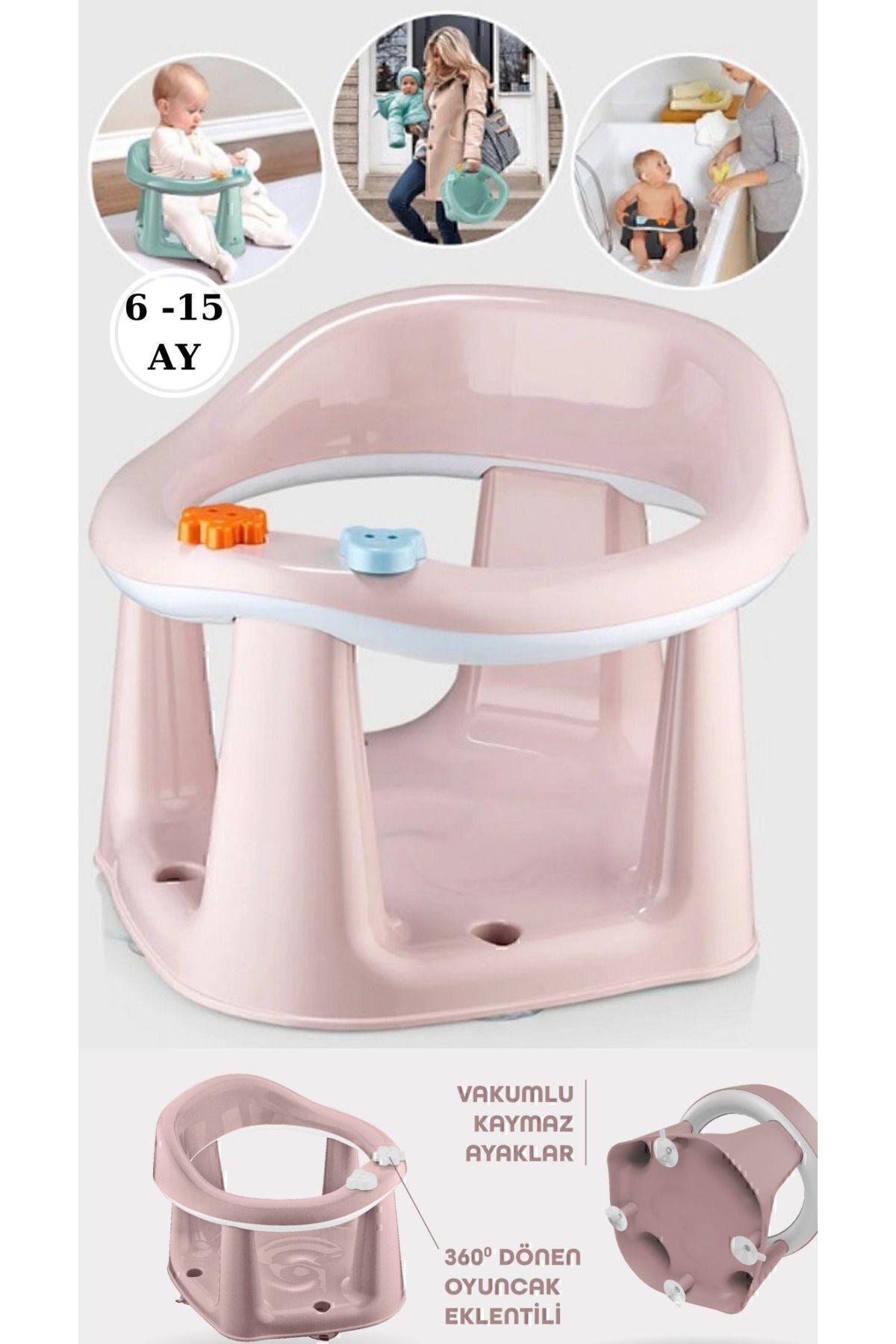 Bebek Banyo Oturağı - Bebek Mama Oturağı - Bel Destekli Özer Beyaz Pembe