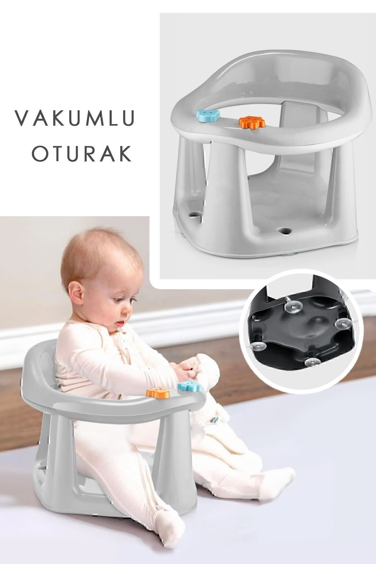 Bebek Banyo Oturağı - Bebek Mama Oturağı - Bel Destekli Özer Beyaz Gri̇10Top