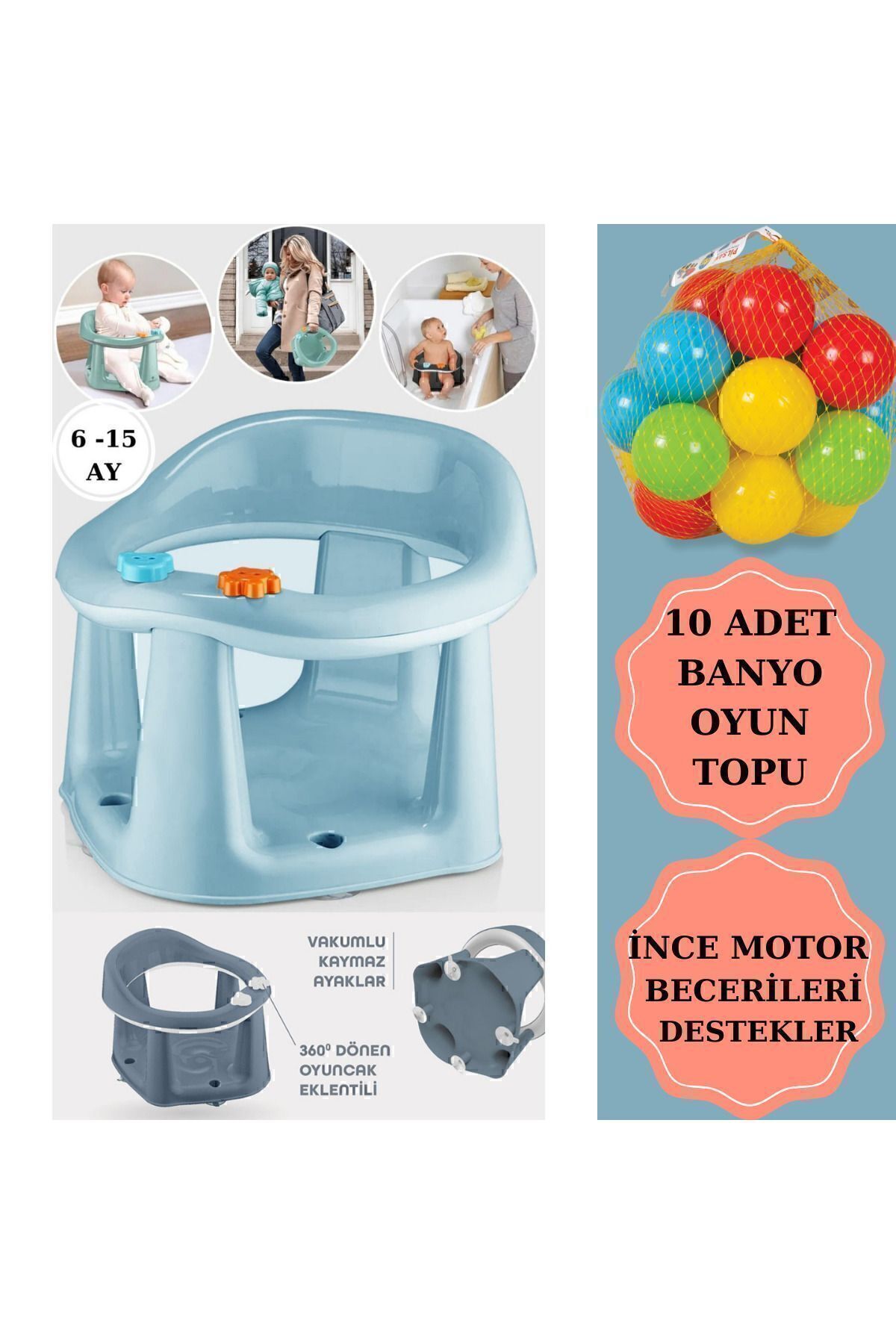 Bebek Banyo Oturağı - Bebek Mama Oturağı - Bel Destekli Özer Beyaz Mavi̇10Top