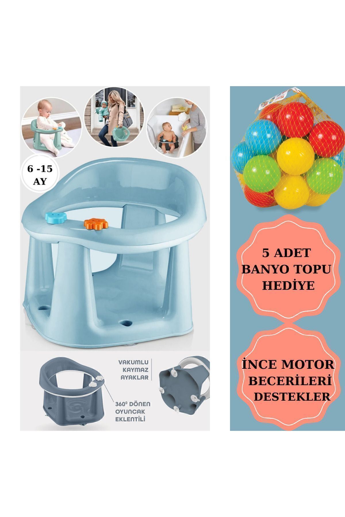 Bebek Banyo Oturağı - Vakum Tabanlı Bebek Mama Oturağı - Bel Destekli Vakumlu Mama, Banyo Oturak 5Toplumavi̇