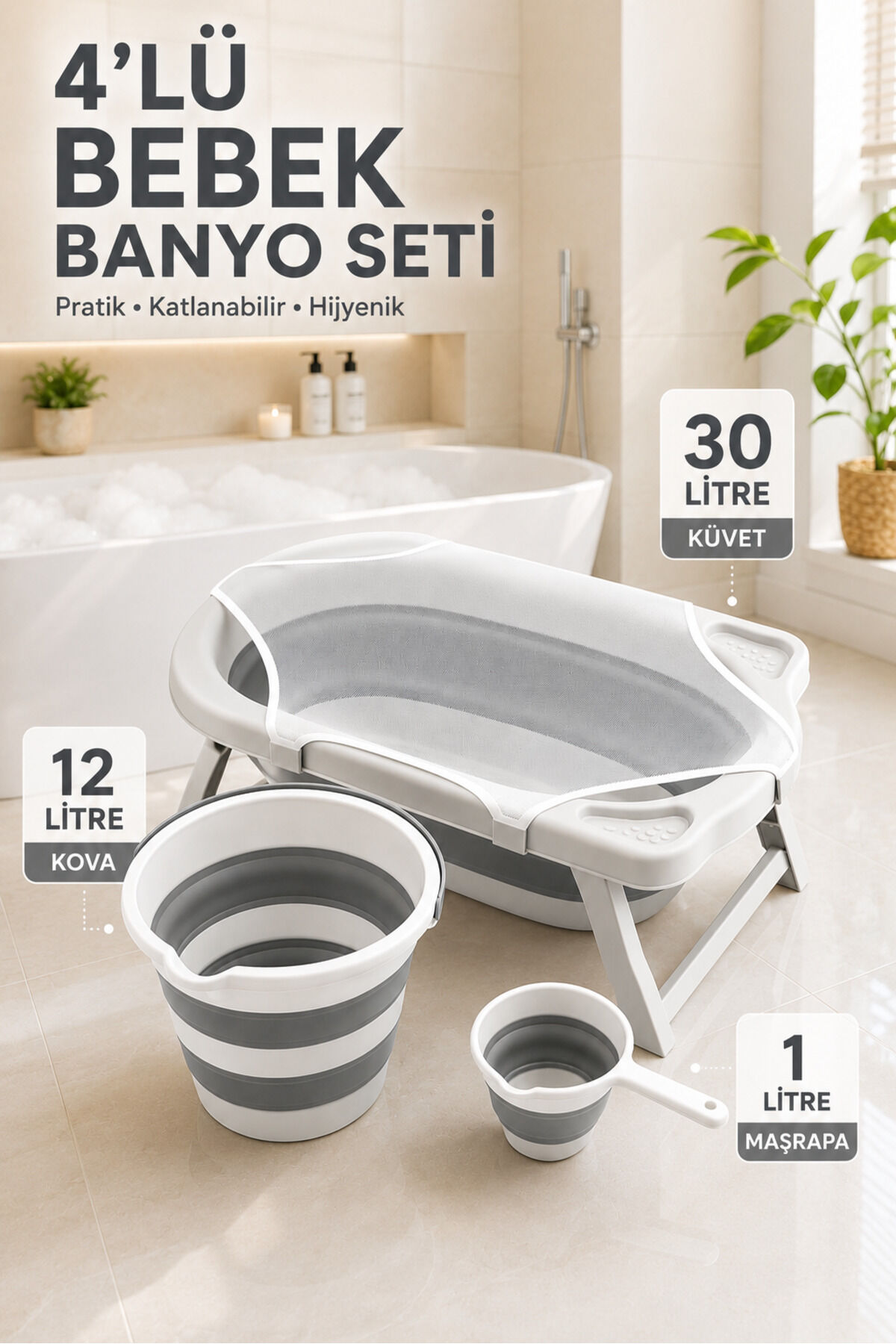 Bebek Küveti  Katlanır  Banyo Seti  Hediye Fileli Gri