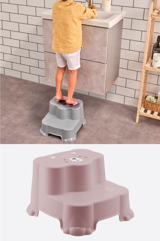 Kaydırmaz Çocuk Taburesi - Çift Basamaklı Banyo Lavabo Merdiven Yükseltici Bebek Basamağı Pembe Pembe