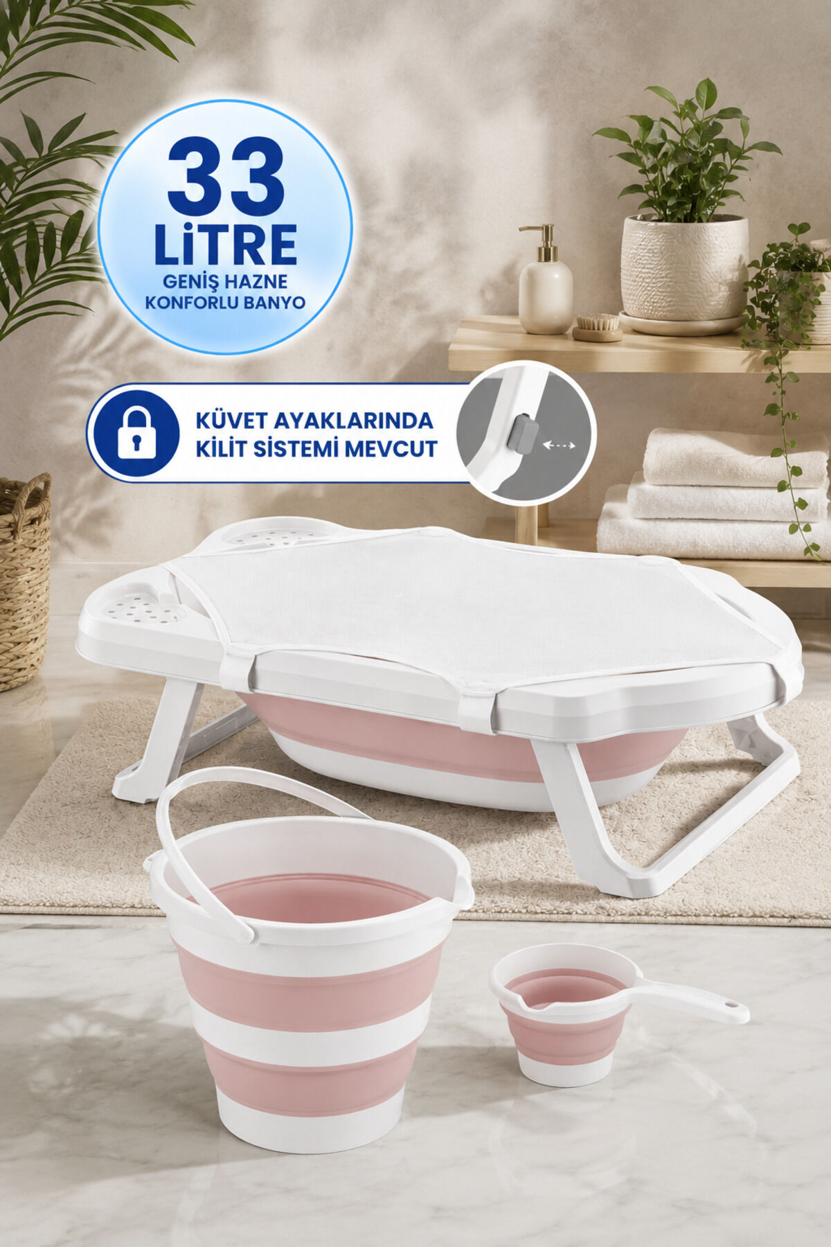 Fileli Pembe Katlanır Banyo Seti Uf Pembe