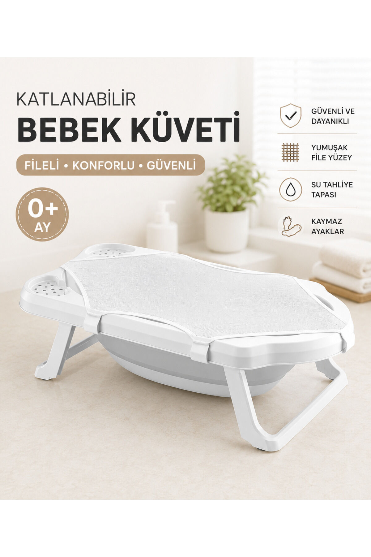 Bebek Küveti 33 LİTRE Katlanabilir File Hediyeli 2Li Set Uf Gri Açık Gri