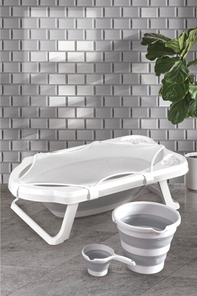 Fileli Gri Katlanır Banyo Seti Uf 4lü Set Beyaz