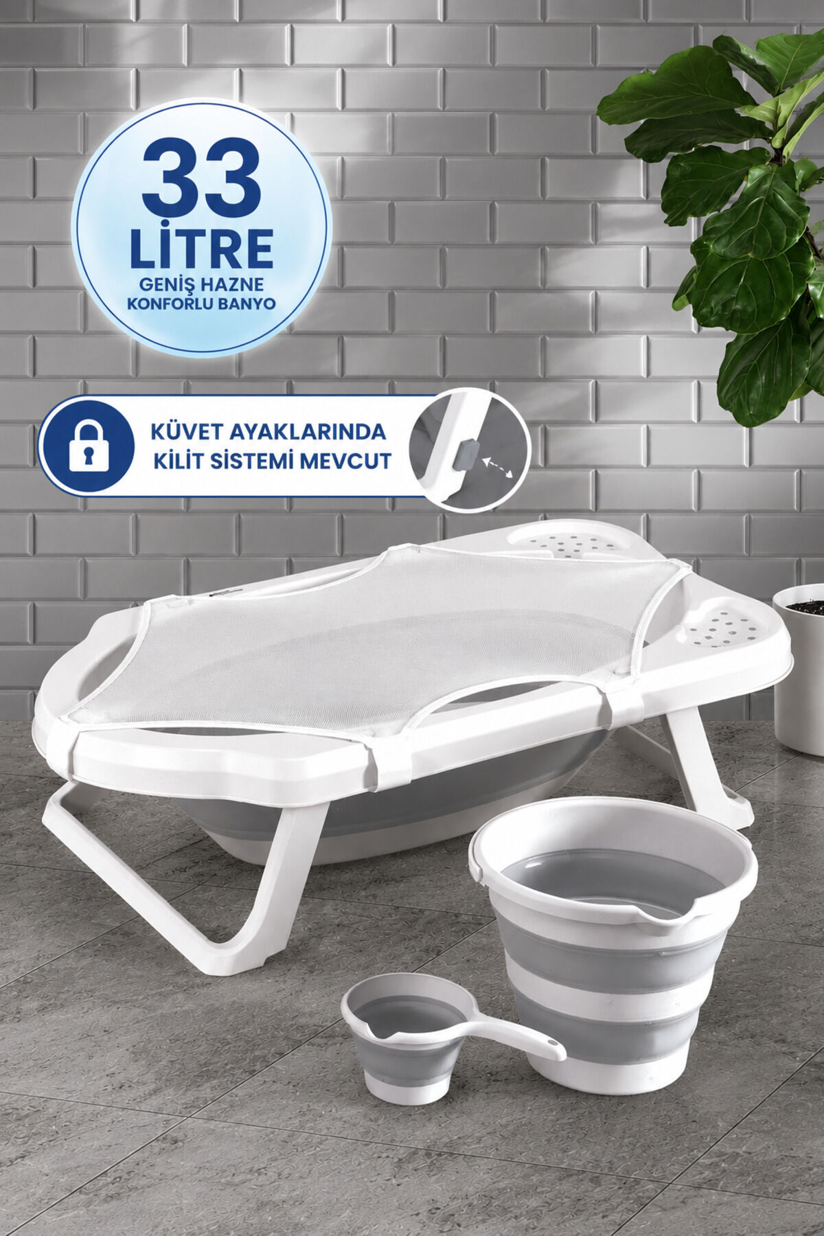 Fileli Gri Katlanır Banyo Seti Uf 4lü Set Beyaz