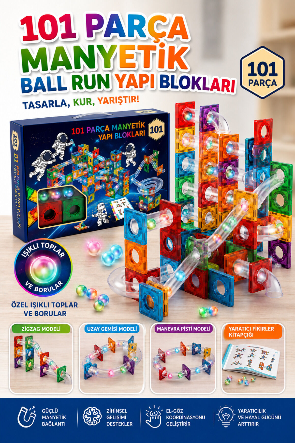 101 Parça Manyetik Ball Run Yapı Blokları – Mıknatıslı Borulu Manyetik Eğitici Oyuncak Seti