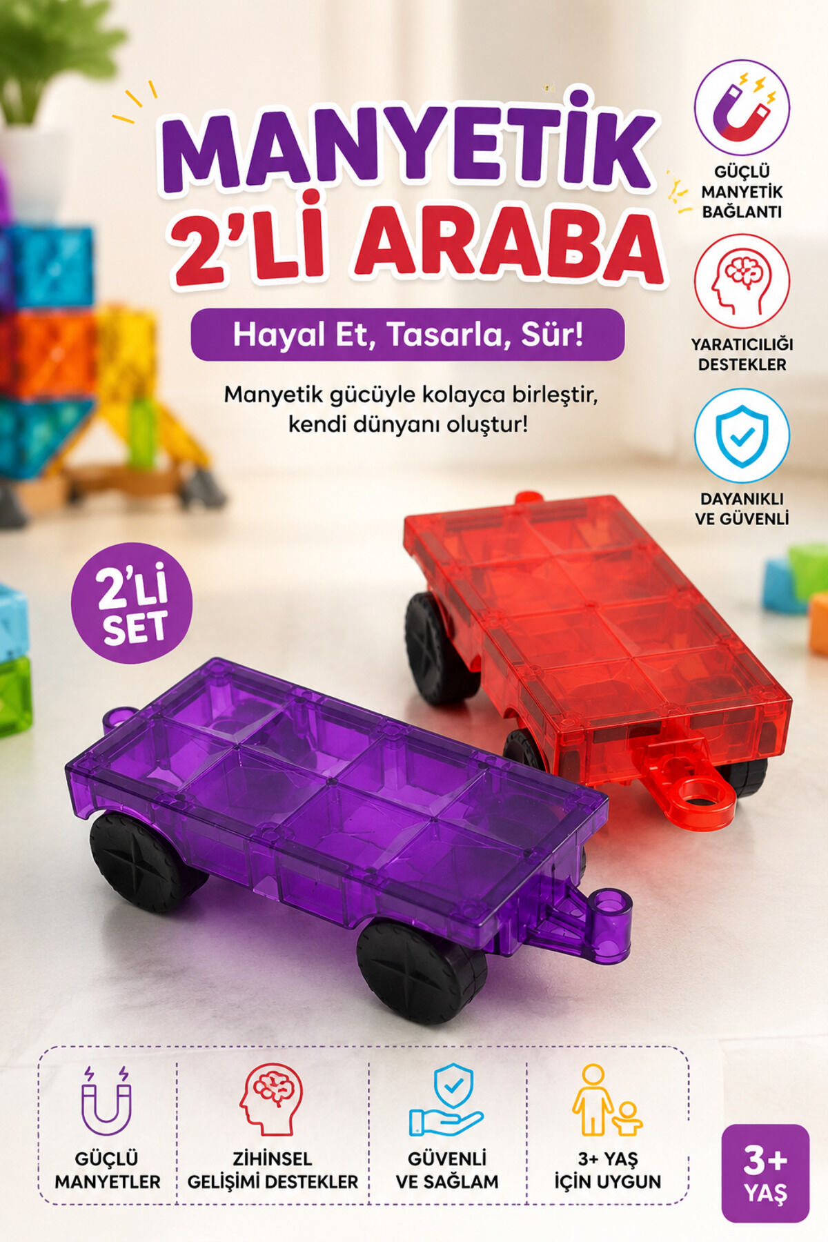 Manyetik 2’li Araba Seti – Güçlü Mıknatıslı Eğitici Oyuncak