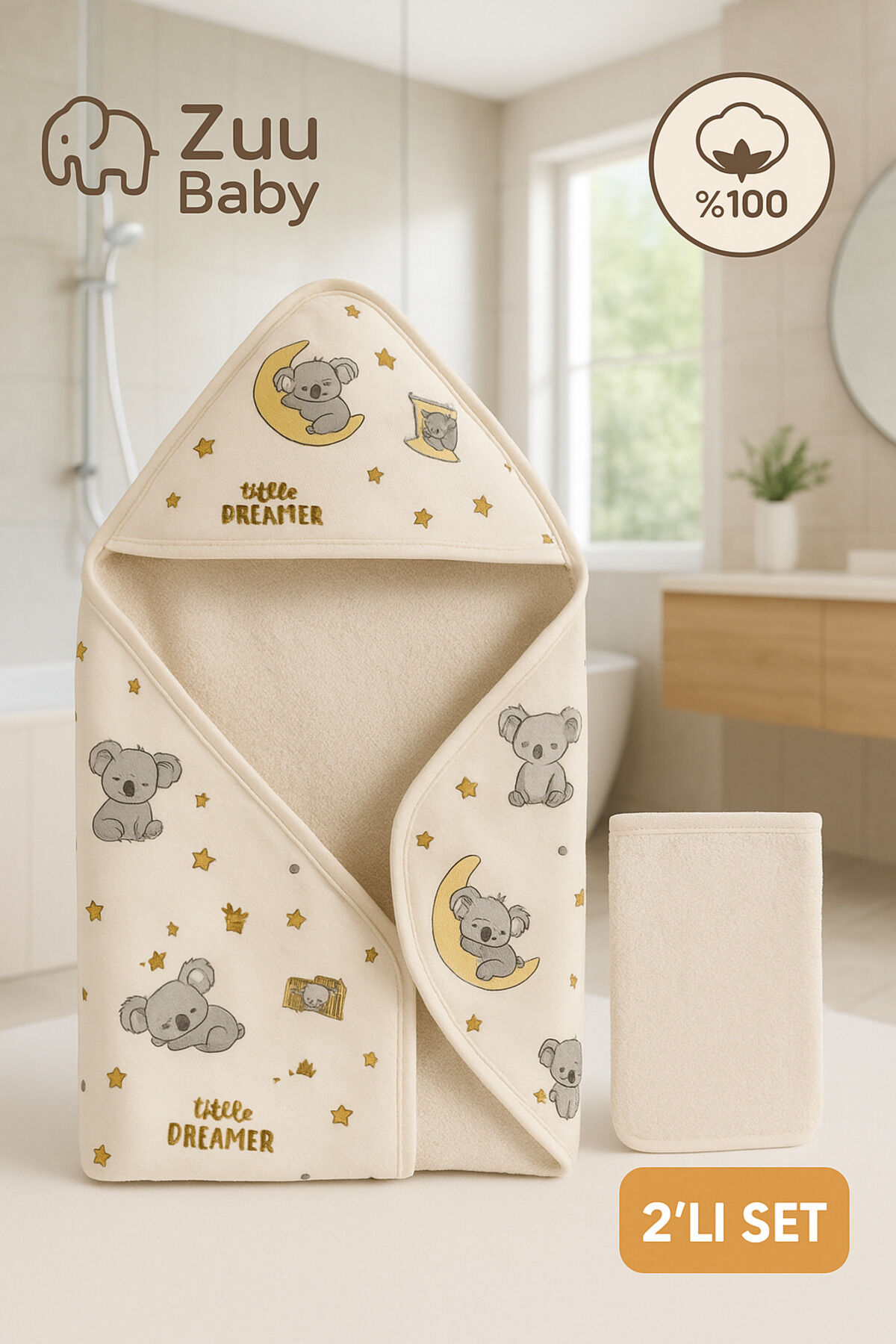%100 Pamuk Kapüşonlu Bebek Havlusu + Bebek Lifi 2’li Banyo Seti