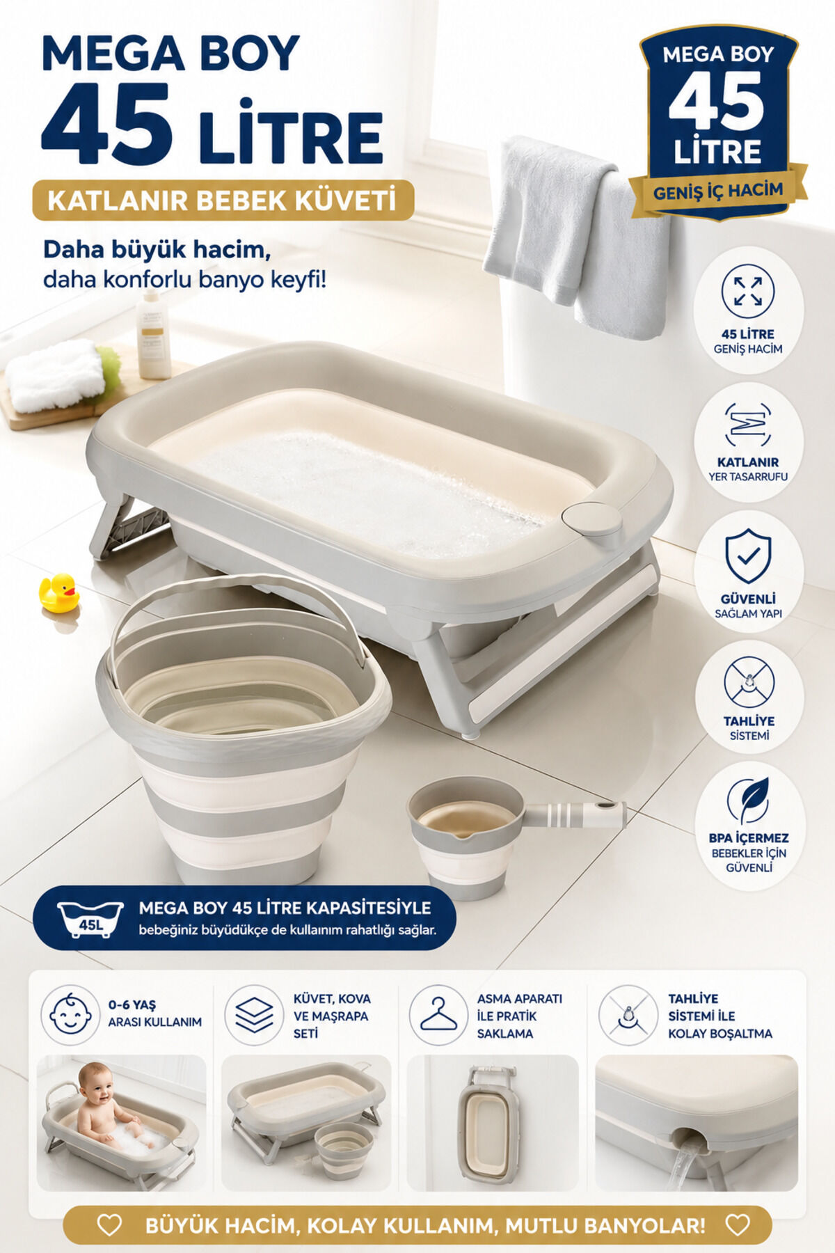 Aqua Nest Bebek Küveti Lüks 3 Lü Set Katlanır 45 Litre Bej