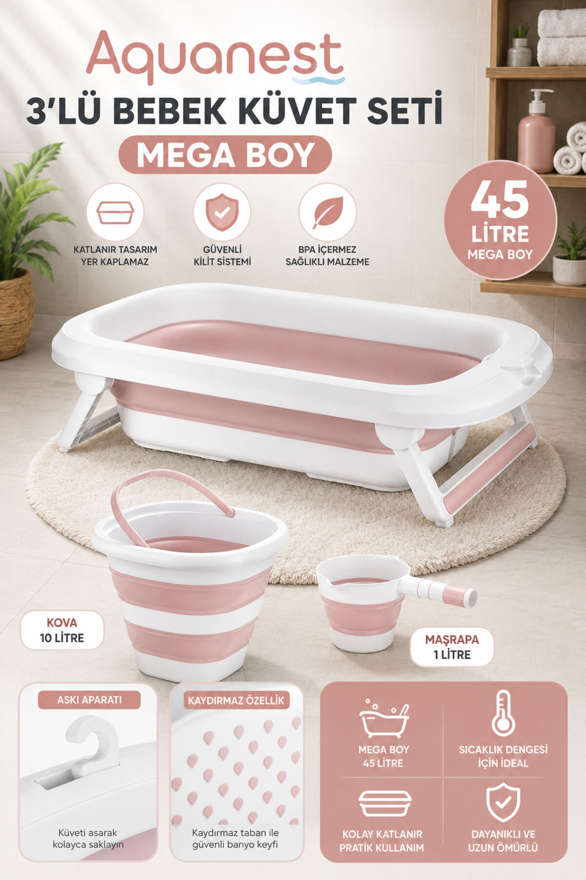 Aqua Nest Bebek Küveti Lüks 3 Lü Set Katlanır 45 Litre Pembe