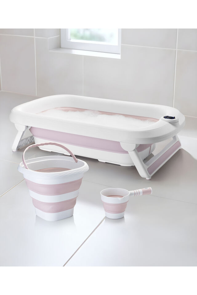 Yeni Termometreli Katlanır Bebek Küveti 45 Lt. 3 Lü Set Pembe