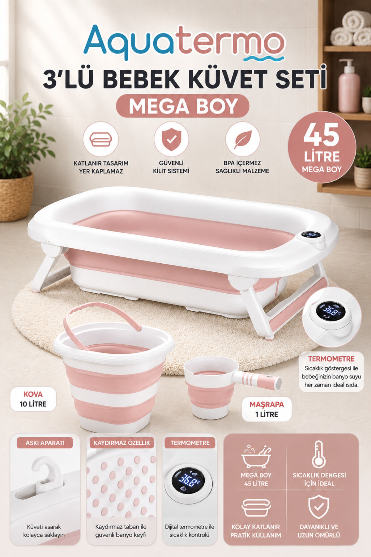 Yeni Termometreli Katlanır Bebek Küveti 45 Lt. 3 Lü Set Pembe