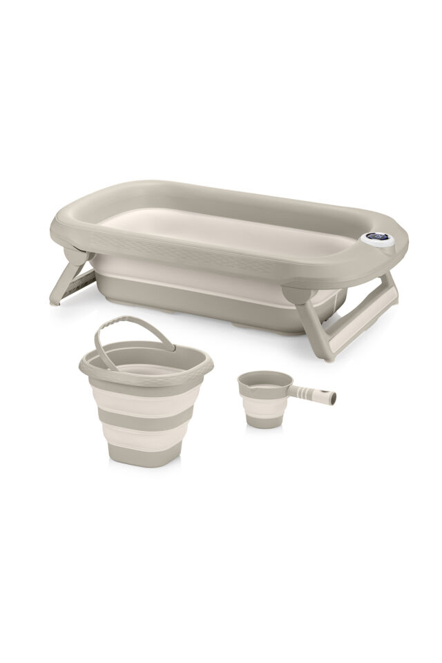 Yeni Termometreli Katlanır Bebek Küveti 45 Lt. 3 Lü Set Bej