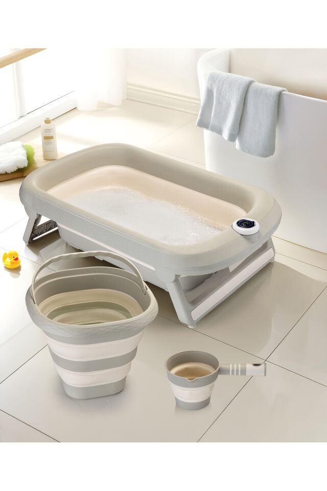 Yeni Termometreli Katlanır Bebek Küveti 45 Lt. 3 Lü Set Bej