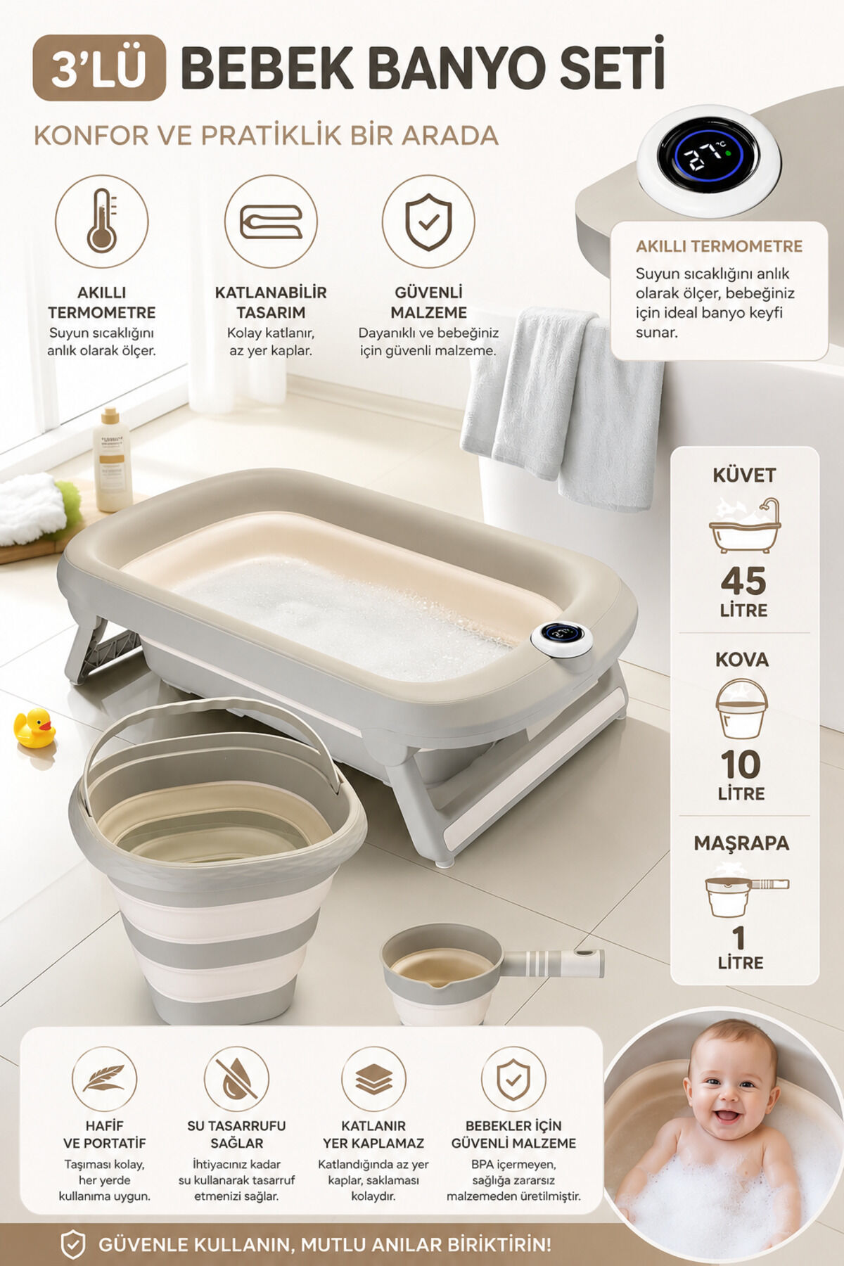 Yeni Termometreli Katlanır Bebek Küveti 45 Lt. 3 Lü Set Bej