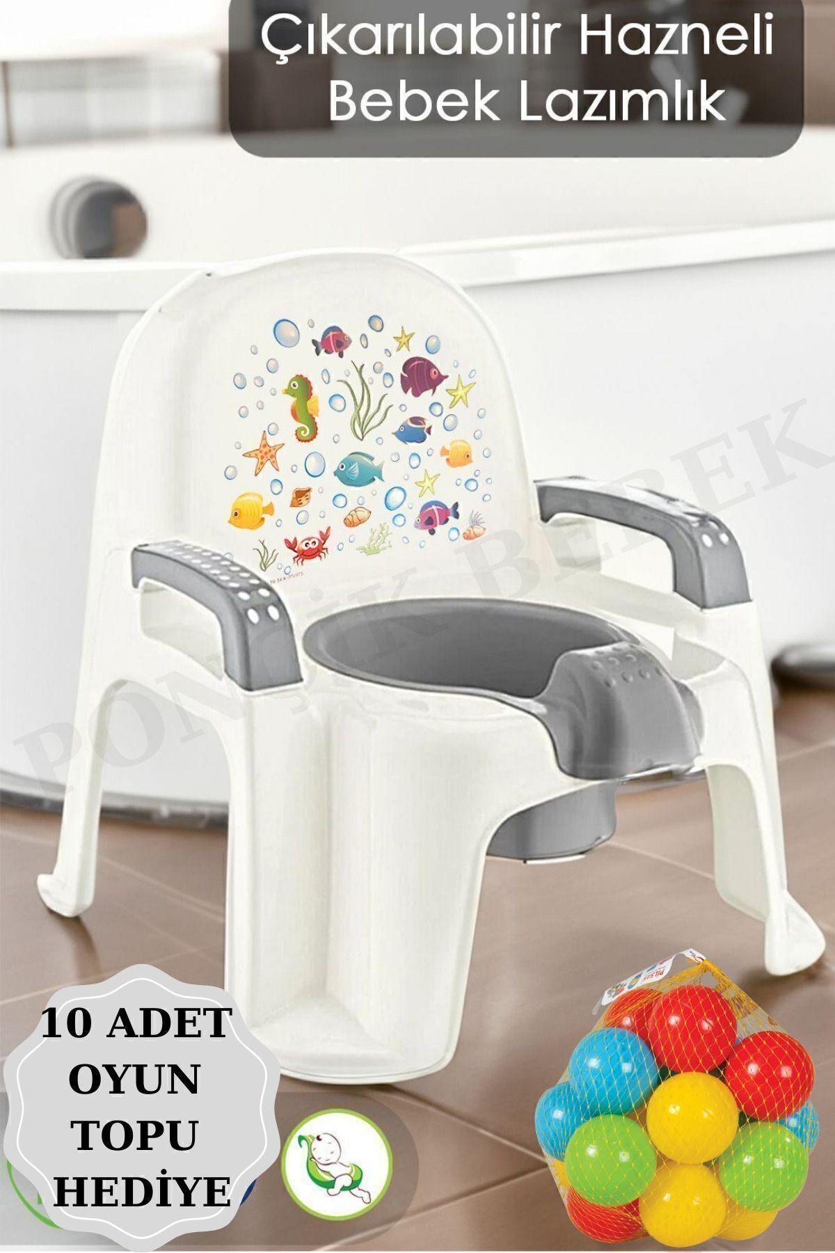 Bebek Tuvalet Alıştırma Lazımlığı Tutma Kollu Koltuk Tipi Çocuk Lazımlık Beyaz 10 Top