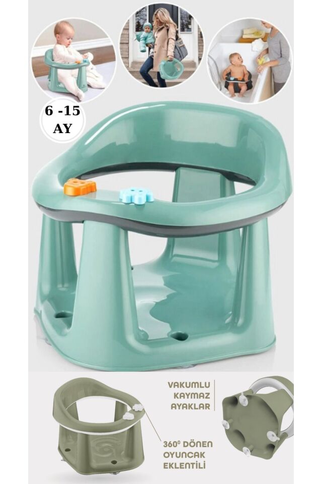 Bebek Banyo Oturağı - Vakum Tabanlı Bebek Mama Oturağı - Bel Destekli Vakumlu Mama, Yeşil 5 Top