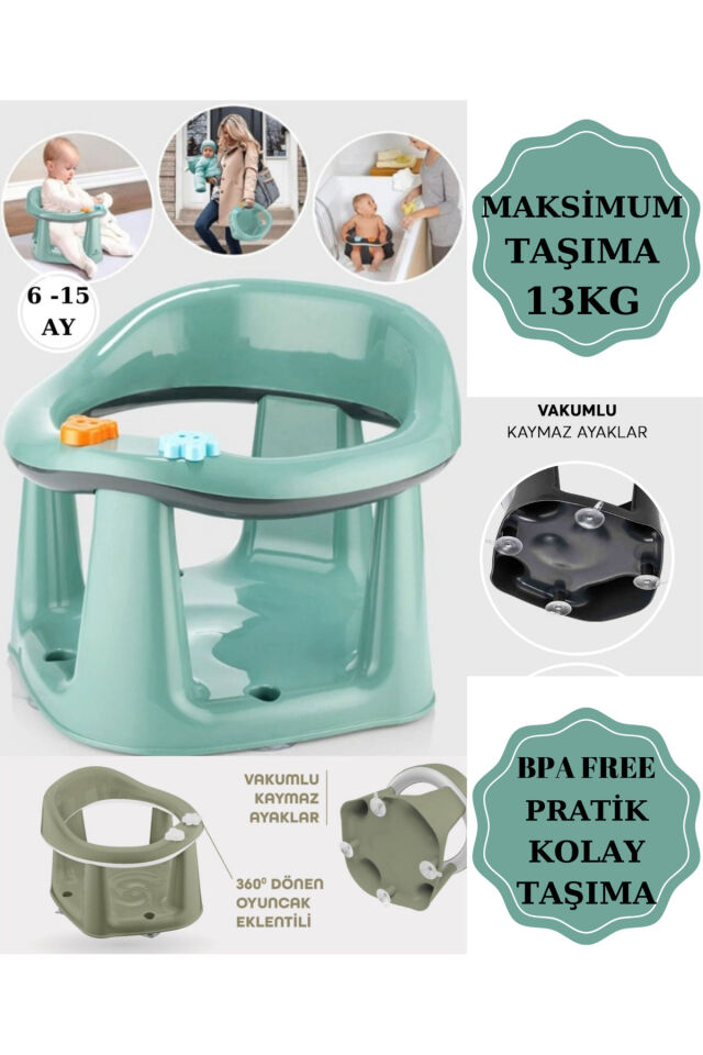 Bebek Banyo Oturağı - Vakum Tabanlı Bebek Mama Oturağı - Bel Destekli Vakumlu Mama, Yeşil 5 Top