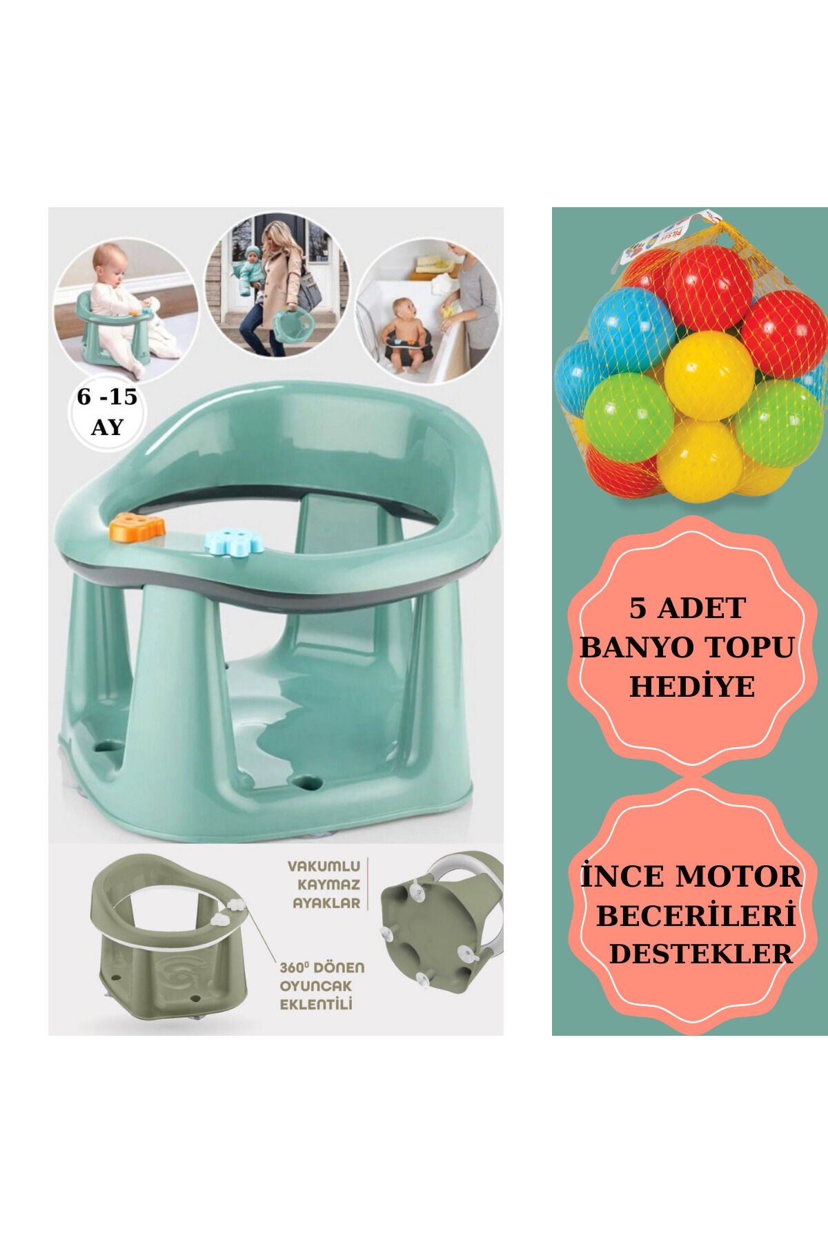 Bebek Banyo Oturağı - Vakum Tabanlı Bebek Mama Oturağı - Bel Destekli Vakumlu Mama, Yeşil 5 Top