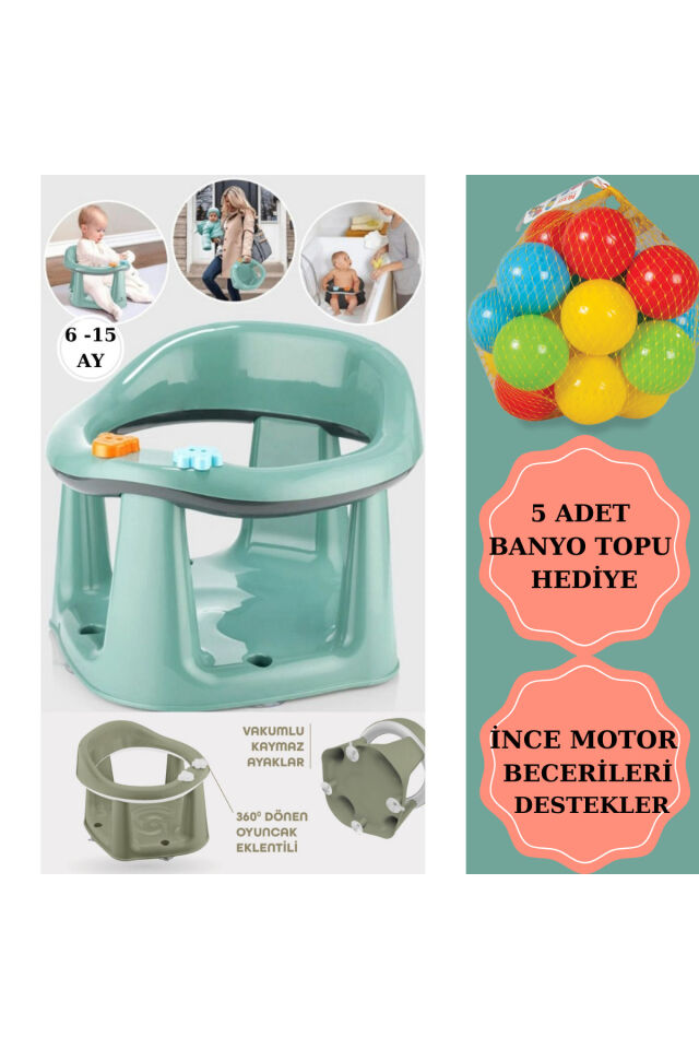Bebek Banyo Oturağı - Vakum Tabanlı Bebek Mama Oturağı - Bel Destekli Vakumlu Mama, Yeşil 5 Top