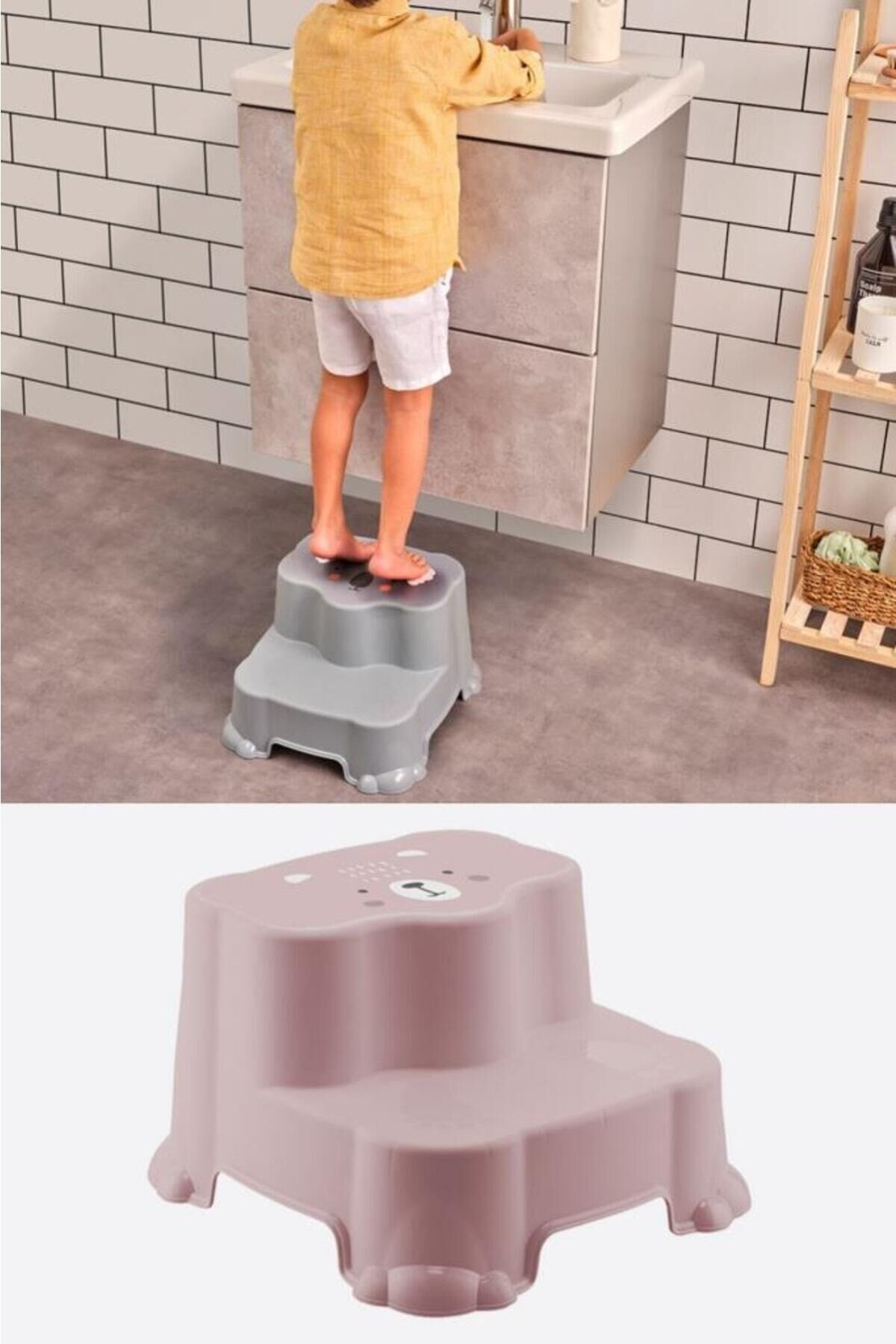 Kaydırmaz Çocuk Taburesi - Çift Basamaklı Banyo Lavabo Merdiven Yükseltici Bebek Basamağı Pembe