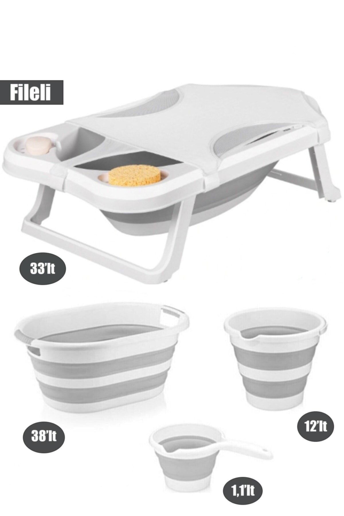 Fileli Katlanabılır Banyo Küveti Gri 6li Set
